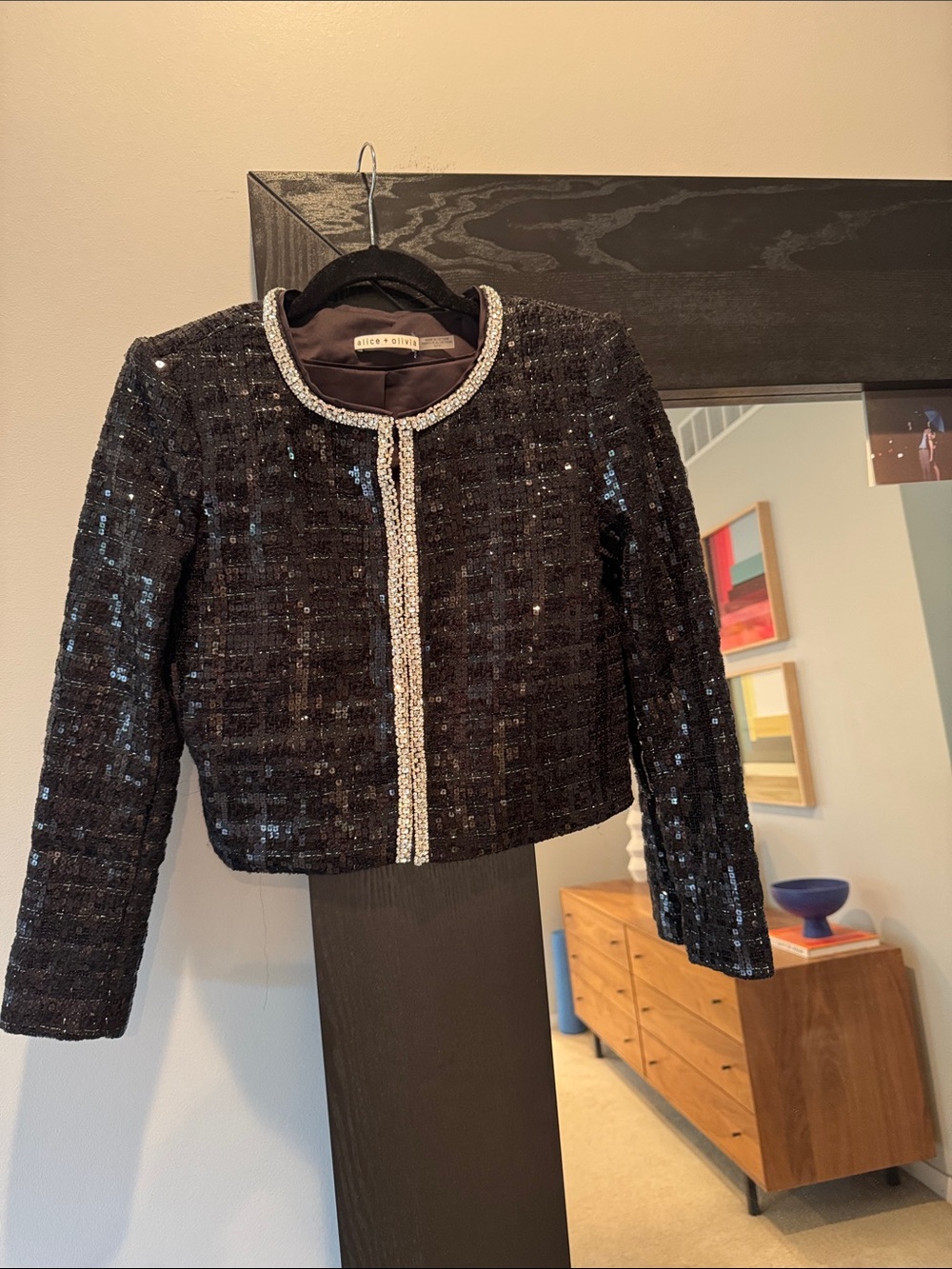 Alice + Olivia Black Sequin Tweed Cropped Jacket with Rhinestone Trim